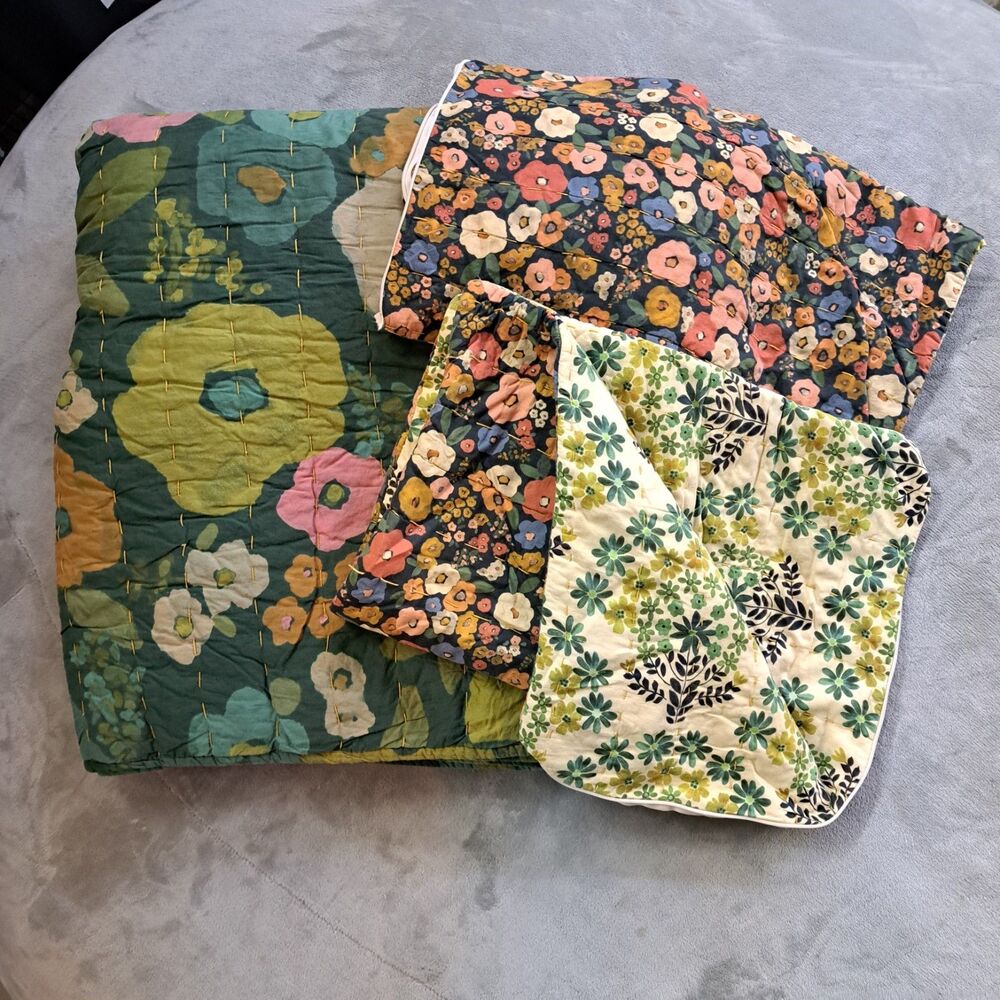 Natural Life Quilt Set Boho Floral Queen Shams Reversible Kantha Blanket Cotton